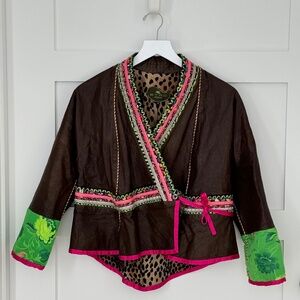 Etro Runway Piece - brown lamb leather jack with bright green/pink silk detail
